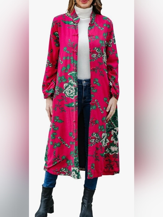 Jackets & Blazers - Bright Pink Floral Long Duster Cardigan